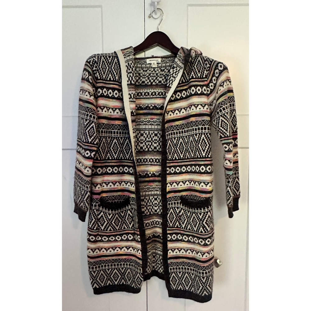 Monteau Los Angeles Women's Geometric Fair Isle Hooded Cardigan Black Large